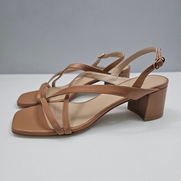 Stuart Weitzman Oasis 50mm Sandal Womens 8.5 Tan Leather Strappy Slingback Heel - Picture 1 of 16